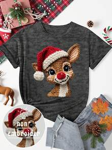 EMERY ROSE Christmas Themed Plush Reindeer Pattern Printed Casual Kawaii T-Shirt With Additional Features Birthday Vacation Grey - Dark Grey - View 3