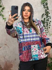 Whyspr Sweatshirt Patchwork Motif Kotak-kotak & Bunga Retro Ukuran Plus Bergaya Grunge Cottage Punk Modis - Merah - View 6