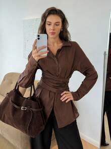 Easowa Elegant Women's Cotton Elegant Commuter Brown Top Tie Waist Blouse Stylish Long Sleeve Top Business Going Out Top - Redwood - View 4