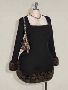 SHEIN ICON 大码女式秋冬罗纹拼接豹纹仿皮草修身黑色迷你连衣裙 - 黑色 - 查看 1