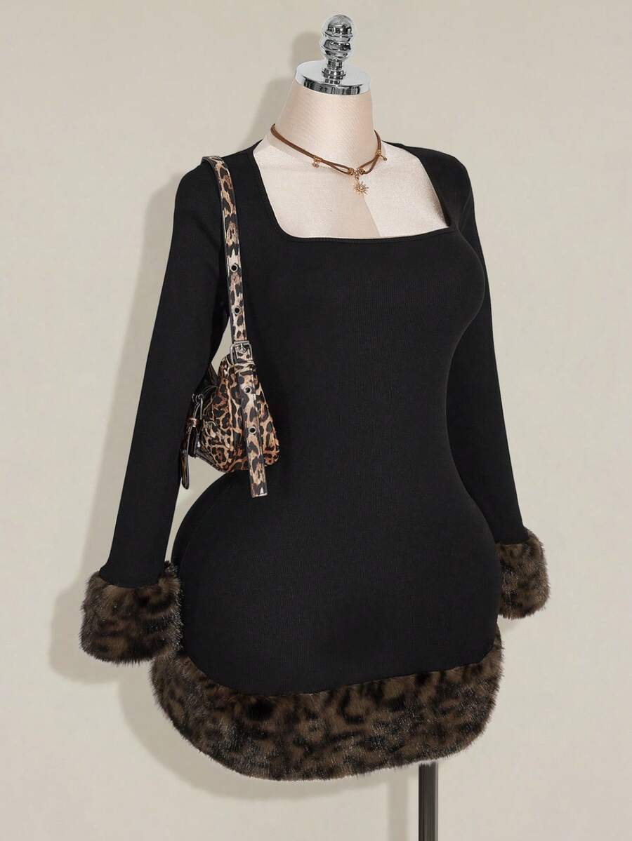 SHEIN ICON 大码女式秋冬罗纹拼接豹纹仿皮草修身黑色迷你连衣裙 - 黑色 - 查看 1