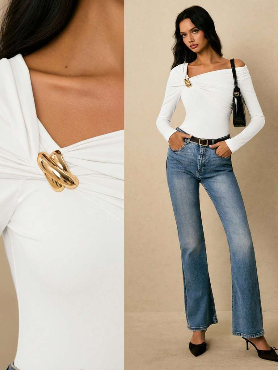 Poéselle Áo thun cổ bất đối xứng họa tiết kim loại thời trang dành cho nữ, thích hợp khi đi làm - trắng - Xem 1