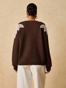 Travachic Pulover cu mărgele pentru femei, mărime plus, la modă, toamnă/iarnă - cafea maro - Vizualizare 2