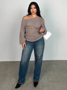 Firerie Tricou cu mânecă lungă cu umeri oblici, mărime plus, mânecă lungă cu textură de ananas, topuri asimetrice de toamnă pentru femei