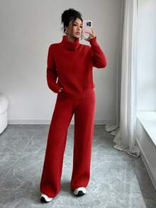 SHEIN Elenzya Bộ áo len dệt kim dài tay màu lạc đà rộng rãi thanh lịch và quần dài hai món, thích hợp để đi làm, mùa thu/đông - Đỏ - Xem 8