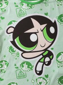 THE POWERPUFF GIRLS X SHEIN Tween Girl 3pcs Cute Cartoon Pattern Loose Fit Dropped Shoulder Long Sleeve Knit T-Shirts In Pink, Blue, Green Cartoon Shirts For Kids Tween Girl Power Puff Pjs - Multicolor - View 5