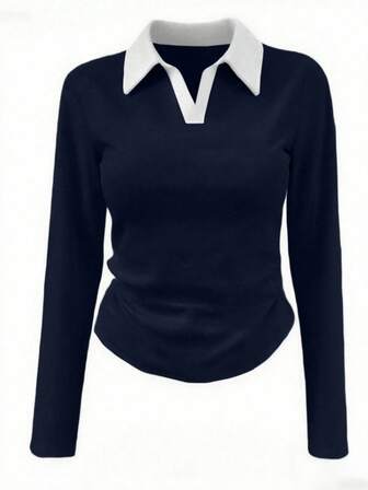 EMERY ROSE プラスサイズ女性用プリーツコントラストカラーカジュアルターンダウンカラー長袖Tシャツ