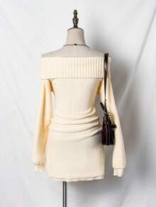 SHEIN Unity Vestido de punto casual de hombros descubiertos de unicolor para mujer, otoño/invierno - Albaricoque - Ver 2