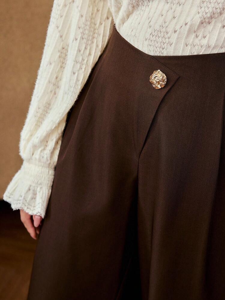 PLUS SIZE WOMEN'S ASYMMETRICAL HIGH WAIST WIDE LEG SUIT PANTS, COFFEE BROWN, AUTUMN/WINTER
