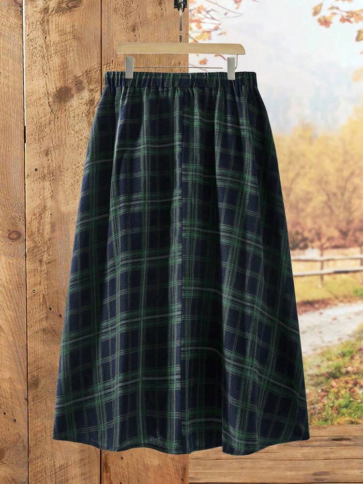 Plus Size Women Country Casual Plaid Elastic Waist Flare Skirt,Winter Women Clothes Plaid Skirt Womentartan Skirtlong Skirt Winter Country Skirt