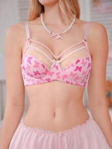 PetitDoll 1pc Women's Elegant Butterfly Print Underwire Bra - Pink - View 3