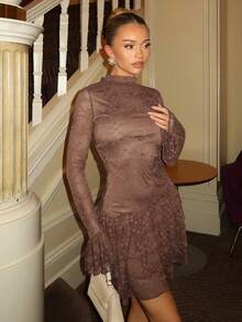 Glamine Charm Women's Mocha Brown A Line Mini Dress With 3D Rose And Flare Long Sleeves - Mocha Brown - View 3
