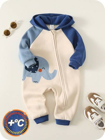 SHEIN Baby Boys Elephant Print Hooded Jumpsuit, Warm Thermal Lined One-Piece Jumpsuit, Comfortable Casual Everyday Outfit, Suitable For Indoor, Outdoor, Skiing, Daily Wear, Sports, Party, Photo Shoot, Festival, Christmas, New Year Baby Boy Zipper Jumpsuit Warm Baby Jumpsuit Baby Casual Jumpsuit