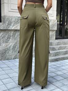 Chiquease Women's Straight Leg Multi-Pocket Cargo Pants - Army Green - View 2