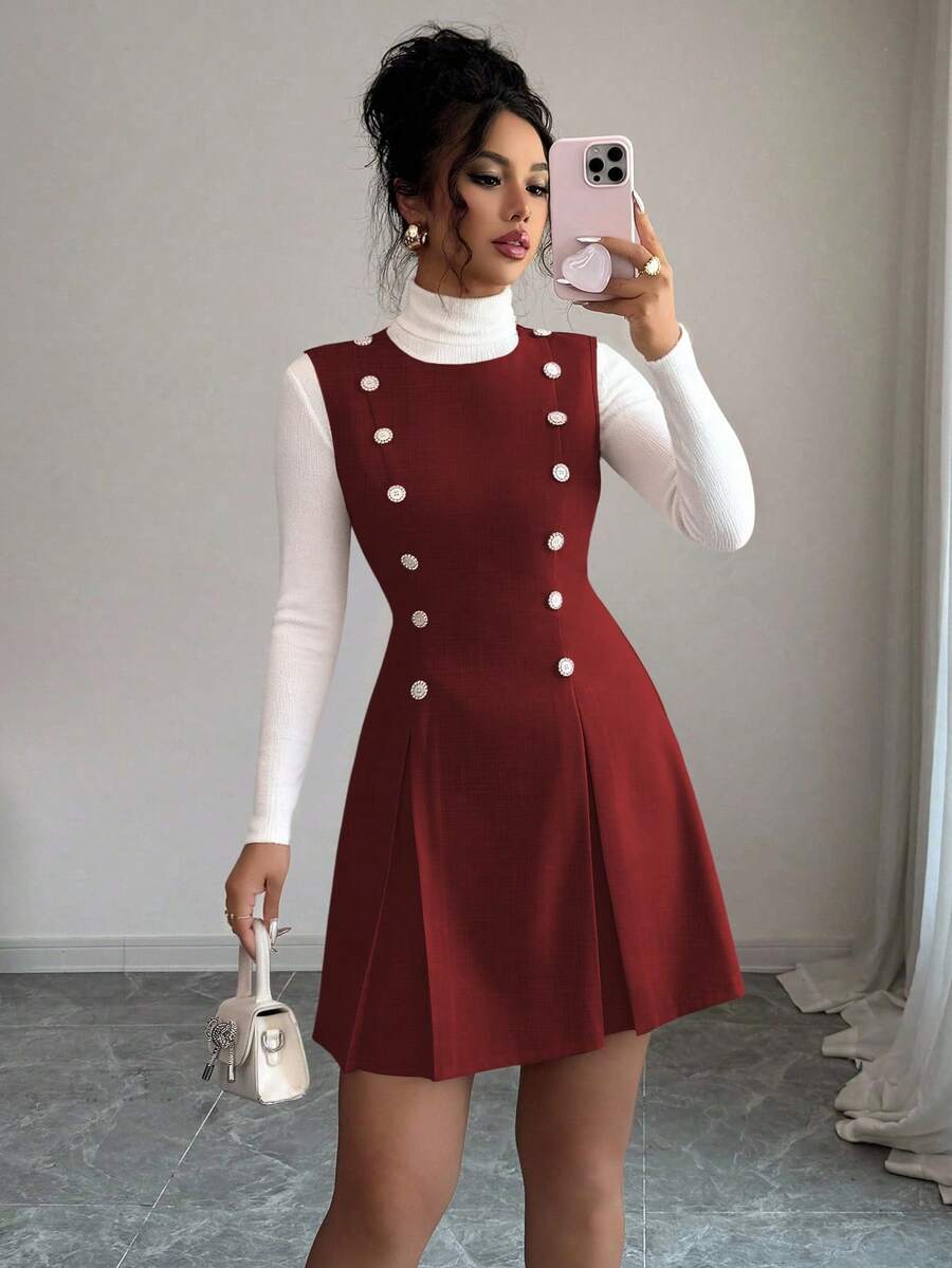 Elenzga Váy ngắn thắt eo đính đá lấp lánh, phong cách Pháp cổ điển thanh lịch, phù hợp cho lễ tốt nghiệp, tiệc tùng, hẹn hò, đi làm, đa năng - Màu Đỏ Sâu - Xem 1