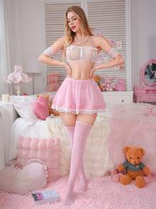 SHEIN Bộ đồ lót ren bướm chắp vá màu hồng 7 món - Hồng - Xem 3