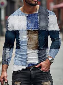 Manfinity NXTstreet 男士时尚休闲拼接印花长袖T恤 - 彩色 - 查看 3