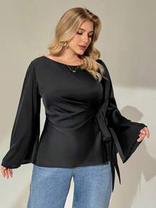 Auralis Áo kiểu nữ cỡ lớn thời trang thu đông, thanh lịch, rộng rãi, thoải mái, tay loe thắt nơ bằng satin màu đen, thích hợp mặc hàng ngày, kiểu dáng mùa thu, áo nữ, trang phục công sở, áo đi làm. - màu đen - Xem 1