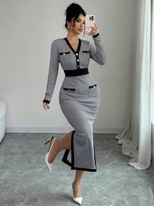 Elenzga 优雅针织秋季连衣裙，适合女性通勤 - 黑與白 - 查看 7