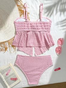 少女夏季沙滩金属海星装饰开衩吊带泳衣套装 - 粉色 - 查看 3