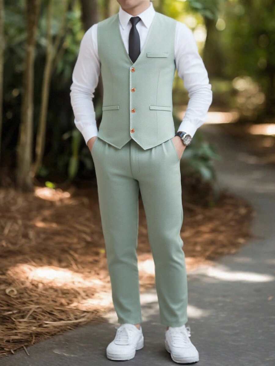 SHEIN 两件套青少年男士绅士套装，藏蓝色修身马甲+纹理长裤，优雅正式西装，适合生日、婚礼、婚礼宾客、花童、戒指童、返校等场合。 - 薄荷綠 - 查看 1