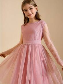 Tween Girl Solid Color Round Neck Mesh Patchwork Long Sleeve Party Dress - Dusty Pink - View 7