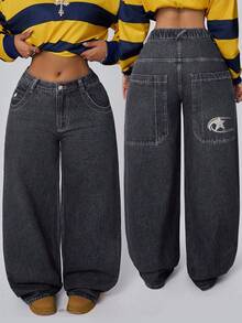 Jeanoix Plus Size Women Casual Embroidered Washed Long Pants - Dark Grey - View 1