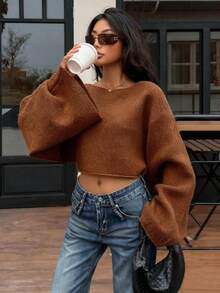 Zielony 2025 New Fashion Loose Casual Minimalist Knitted Sweater , Bell Sleeve Fall Sweater Coffee Brown Top - Chocolate Brown - View 3