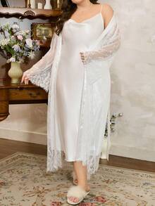Côtesoire 优雅法式蕾丝睡袍，缎面睡衣套装，适合大码女性 - 白色 - 查看 6