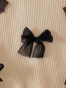Set de 2 piezas: Blusa de manga larga con cuello redondo y decoración de moño 3D negro para niñas pequeñas, combinada con falda negra, estilo académico dulce y versátil, moda retro para otoño/invierno - Albaricoque - Ver 4