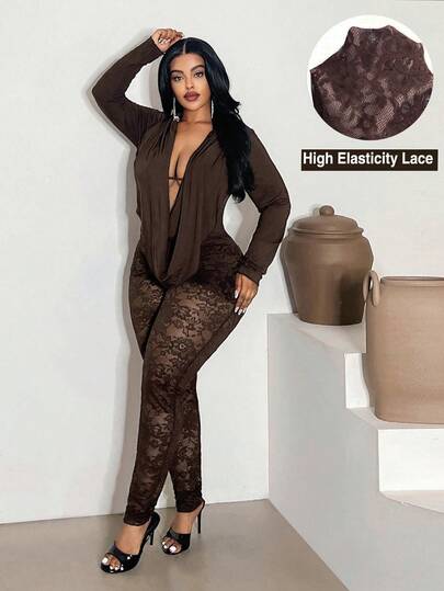 Maweii Plus Size Women's Autumn/Winter Personalized Semi-Sheer Lace Plunging Neck Jumpsuit, Versatile Outerwear Suitable For Halloween