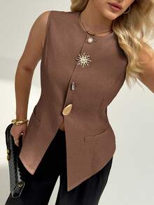 Auralis Camiseta sin mangas de color caqui sólido con decoración de hebilla de metal, elegante, para mujer, estilo de negocios casuales, moda de viaje, graduación, oficina, crucero, aeropuerto, divertida