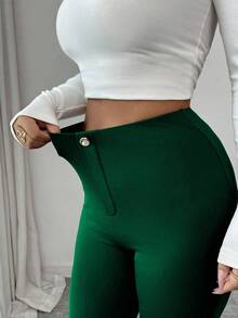 Elenzga Women's Solid Color Thermal Lined Elastic Skinny Leggings, Autumn/Winter - Dark Green - View 5