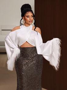 Maweii Camicetta elegante con spalle scoperte e maniche lunghe, versatile e affascinante, taglie comode - Bianco - Visualizzare 6