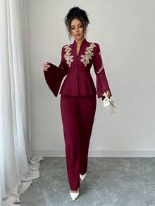 Elenzga Casual Elegant Everyday Versatile Stand Collar Ruched Decor 3/4 Sleeve Blouse & Relaxed Fit Cropped Pants 2 Pieces Set, Spring/Summer - Burgundy - View 4