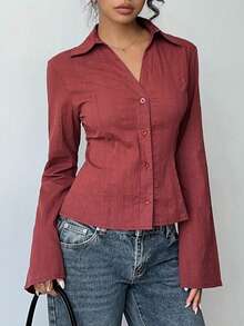 Flirla Women's Solid Color Minimalist Long Sleeve Shirt, Casual Everyday Wear - Brown - View 4