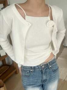 DAZY 2 Stücke Damen Rose Blumen Trägerhemd & Strickjacke Set, Herbst/Winter - Beige - Übersicht 6