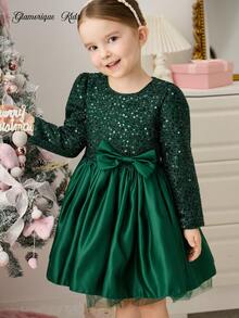 Glamorique Kids Quần áo Giáng sinh cho bé gái Tay dài màu xanh ngọc lục bảo, eo đính sequin, váy công chúa bồng bềnh bằng vải tuyn satin, dự tiệc/ngày lễ - Màu xanh lá cây đậm - Xem 6
