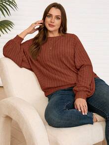 EMERY ROSE Sudadera casual de punto acanalado con cuello redondo y mangas farol para mujer de talla grande - Naranja - Ver 7