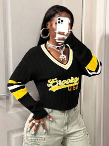 BamGleam Damen Pullover, gestrickte Langarmshirts, dunkelblau bedruckt, V-Ausschnitt, kombinierte Lässig Reisekleidung für Damen, Frühlings- und Herbststile, Winterstile - Verschiedenfarbig - Übersicht 7
