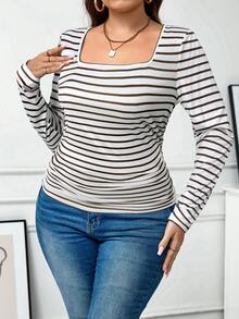 SHEIN LUNE Plus Size Boat Neck Waist Shirred Striped Print Casual Comfortable Slim Fit T-Shirt, Suitable For Spring, Autumn And Winter Holiday - Coffee Brown - View 3