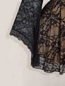 SHEIN ICON Váy xòe tay loe cổ vuông ren nhún cỡ lớn màu tương phản, váy dự tiệc Y2K, trang phục Halloween, phù thủy - Nhiều màu - Xem 4