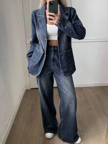 DAZY Women's Autumn Lapel Jacket And Loose Fit Jeans Set - Dark Wash - View 4