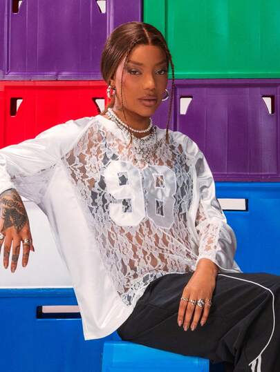 Coolane Women's & Men's Summer Streetwear Couple Same Style Y2K Gyaru Fairycore Game Day Contrast Lace Number Pattern Patched Oversized Long Sleeve Jersey T-Shirt