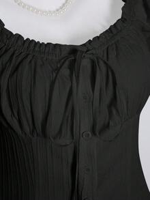 Elamini 女式夏季纯色荷叶边下摆系带腰短袖衬衫 - 黑色 - 查看 5