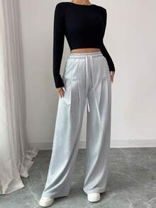 SHEIN Elenzya 优雅褶皱弹力腰浅灰色女士运动裤 - 淺灰色 - 查看 7