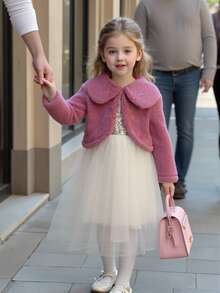 SHEIN 4-7 Years Old Girls Autumn/Winter Fashion Retro New Plush Jacket With Collar & Long Sleeve, Short Design With Hidden Buttons & Beaded Fabric Sleeveless Mesh Skirt Hem Dress 2 Pieces Set - Pink - View 1