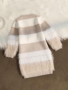 SHEIN Váy len kẻ sọc dày màu trơn kiểu Pháp dễ thương cho bé gái, váy dệt kim dài tay, thời trang mùa đông mới mềm mại thoải mái cổ tròn, thích hợp mặc hàng ngày, đi học, đi chơi, tiệc tùng, mùa đông - Màu Khaki - Xem 2