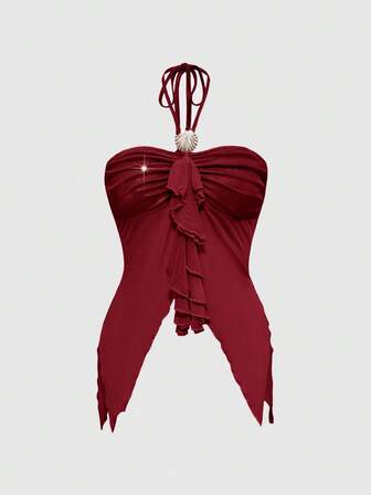 Fairycore Canotta da donna con orlo asimmetrico e decorazione a conchiglia, per l'estate