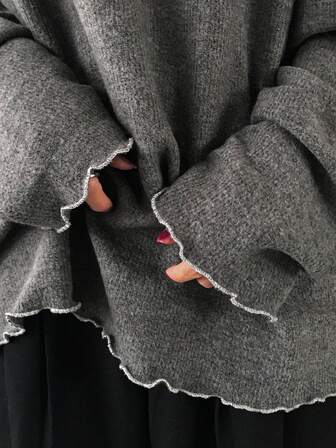 FRIFUL 女士撞色圆领落肩长袖撞色包边装饰宽松休闲百搭T恤，秋冬款